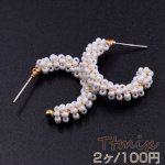 シードビーズピアス フープピアス 24mm ゴールド/オフホワイト【2ヶ】