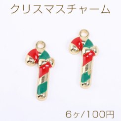 クリスマスチャーム ステッキ エポ付き 1カン 12×15mm ゴールド【6ヶ】