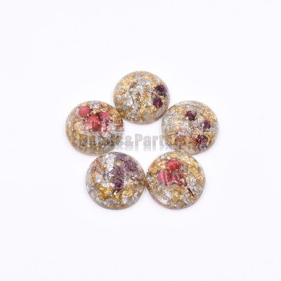 樹脂貼付けパーツ 円形 金銀箔＆ドライフラワー封入18x18mm【50ヶ(約72g)】