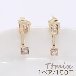 デザインピアス 変形長方形 ジルコニア付き 6×18mm ゴールド【1ペア】