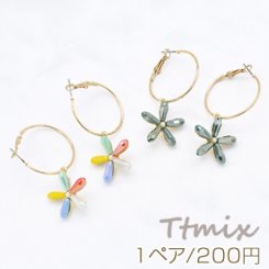 ガラスピアス パール付き 五弁花 フープピアス ゴールド【1ペア】