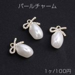 パールチャーム メタルチャーム 不規則型 リボン 石付き 1カン 14×20mm ゴールド（1ヶ）