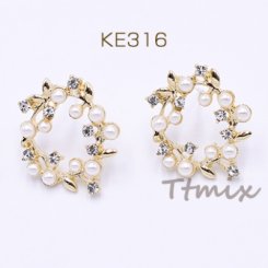 ストーン＆パール調ピアス 花冠 17×20mm ゴールド【1ペア】