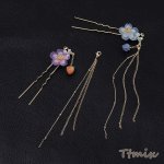 チェーンタッセル付きU字ピン ヘアスティック かんざし ヘアアクセサリー フラワー 桜C 15cm ゴールド（1ヶ）