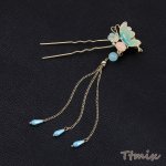 チェーンタッセル付きU字ピン ヘアスティック かんざし ヘアアクセサリー 蝶 13cm ゴールド（1ヶ）