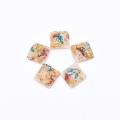 樹脂貼付けパーツ 四角形 金箔＆ドライフラワー封入 16x16mm ホワイト【50ヶ(約63g)】