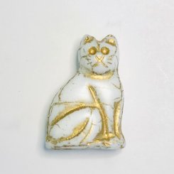 チェコビーズ 猫 ヴィンテージホワイト/ゴールド 25x17mm（1ヶ）