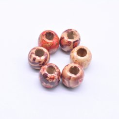 ウッドビーズ 丸型 模様入り 染め 9×12mm【500g（約1041ヶ）】