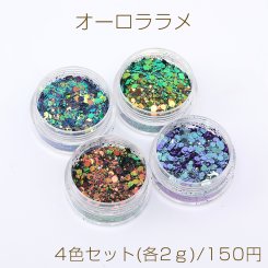 オーロララメ ケース付き ネイルパーツ レジン封入パーツ 六角形D 4色セット(各2ｇ)