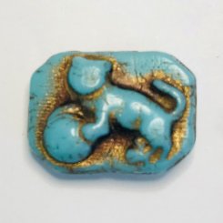 ボールを持ったチェコ ビーズ 猫 マットブルー/ゴールド 22x16mm （2ヶ）