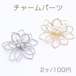 チャームパーツ パール付きフラワーワイヤーチャーム お花の立体ワイヤーチャーム フラワーワイヤーパーツ ツイスト 五弁花B 三重型【2ヶ】