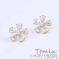 デザインピアス ジルコニアピアス フラワーピアス 17mm ゴールド（1ペア）