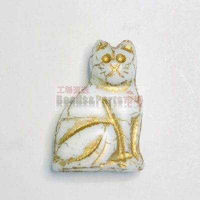 チェコ ビーズ 猫 ヴィンテージホワイト/ゴールド 25x17mm（1ヶ）